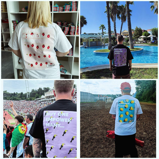 A photograph divided into 4 squares, each square shows the back of a person wearing a Stand Out Tshirt with the working Buy one = empower many...