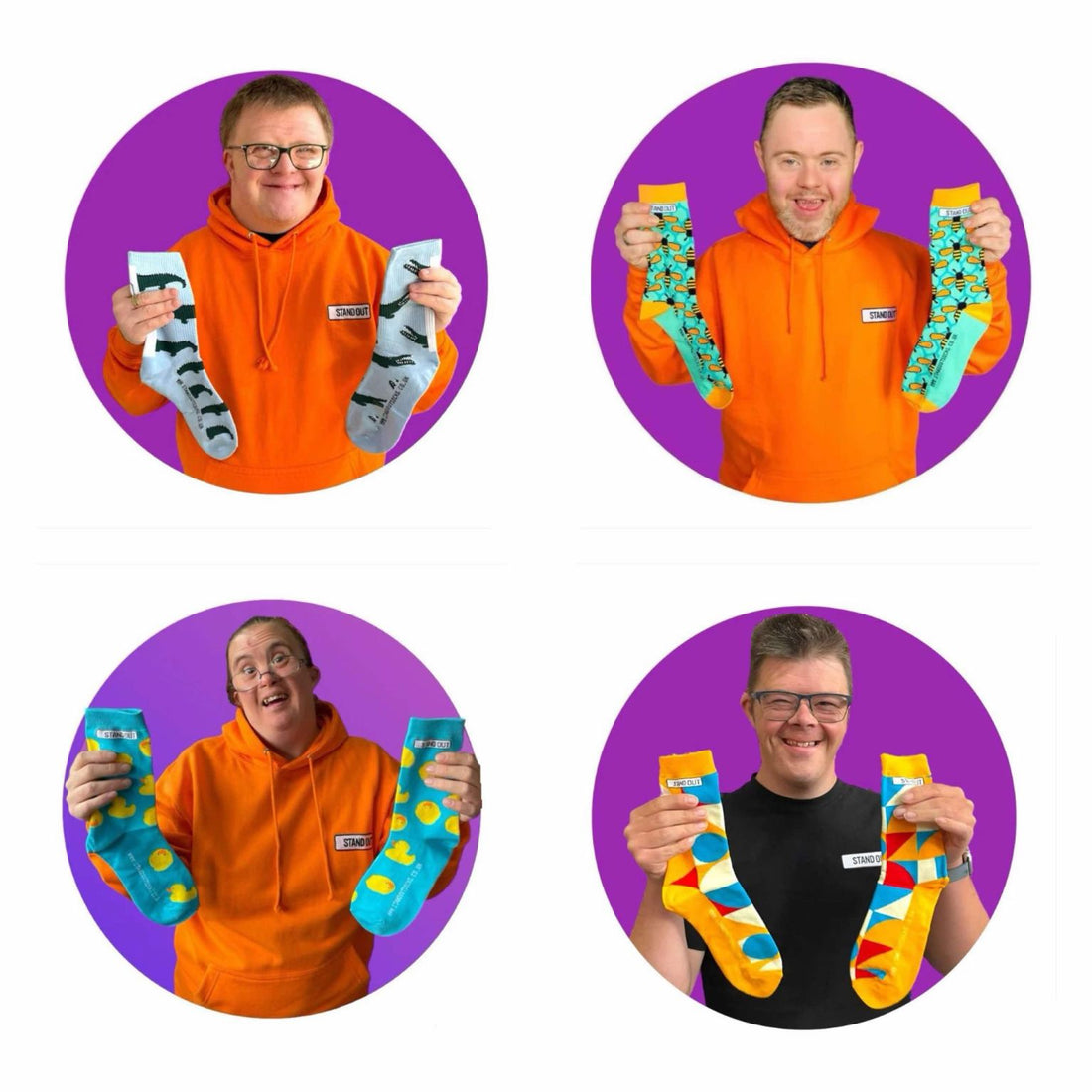 4 individuals with down syndrome, inside an individual purple circle frame holding up a pair of stand out socks