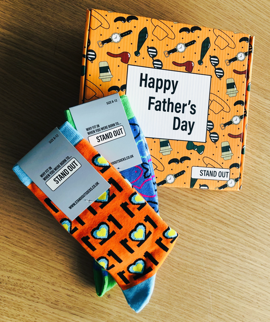 A Father's Day box with socks Infront of it