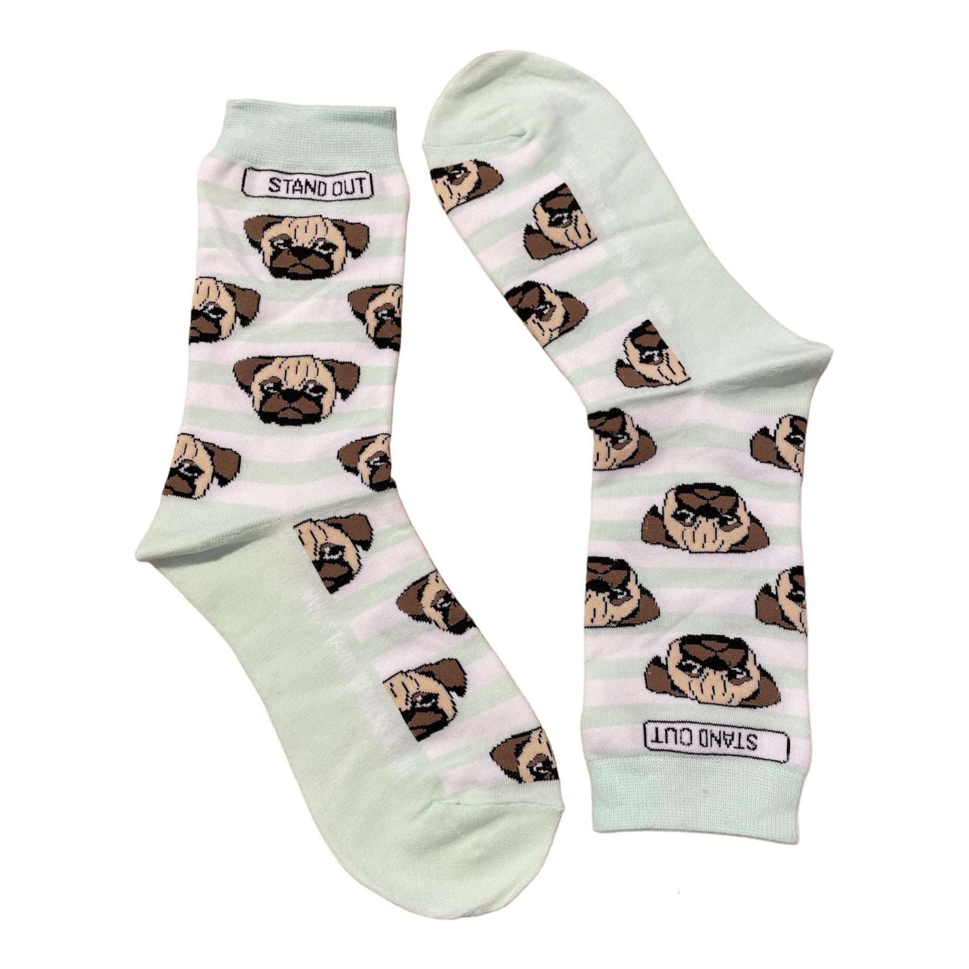 A pair of socks with green and white stripes with pug dog faces and a stand out logo.