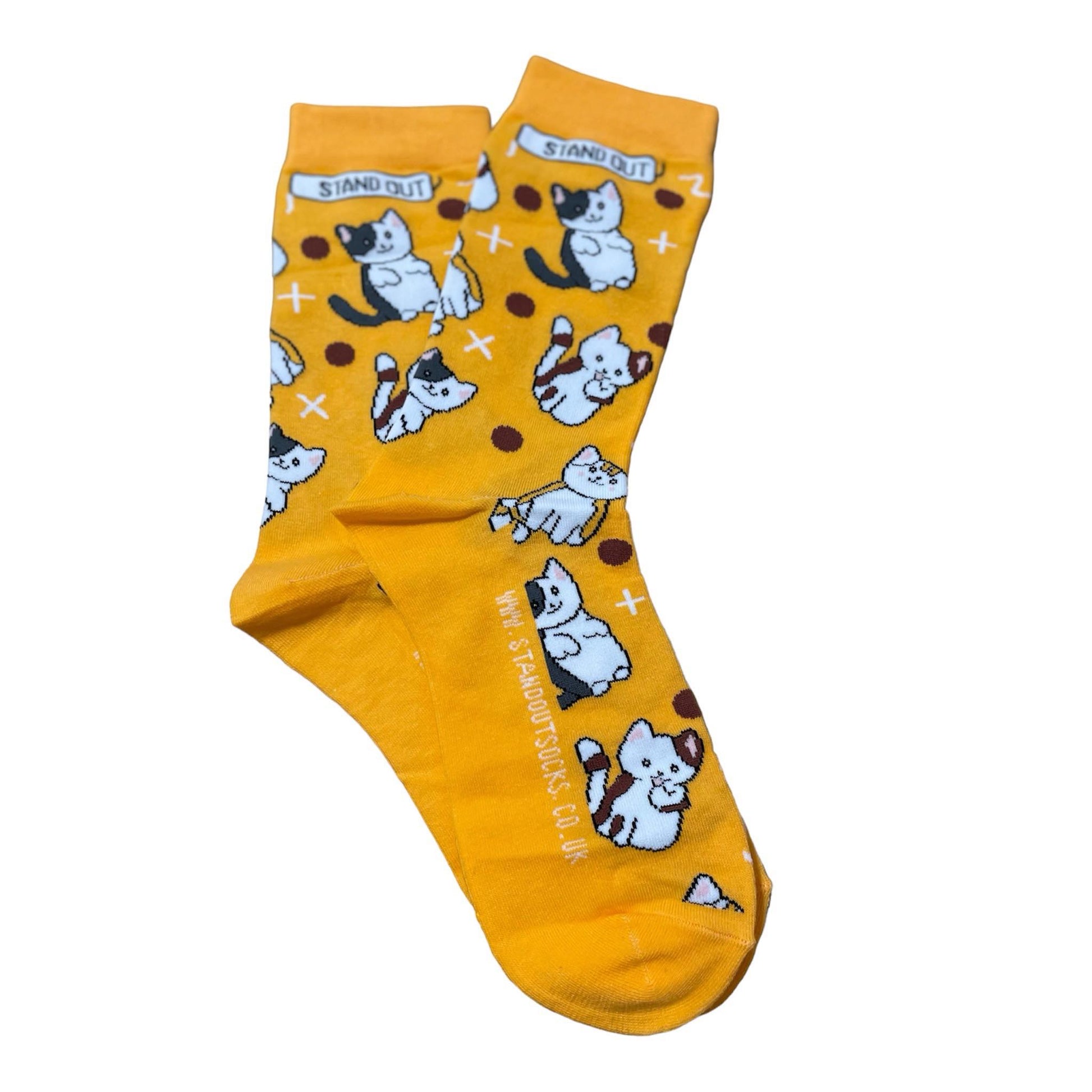 A Pair of orange socks with cat pattern and a stand out logo