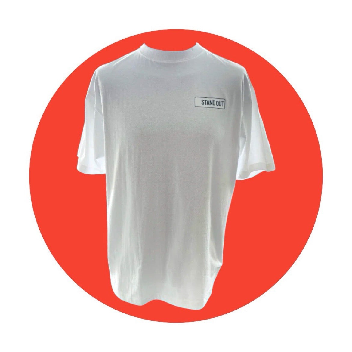 Stand Out Socks White T-shirt with Stand Out logo on right side of top.