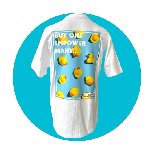 white t-shirt with rubber duck pattern on the back