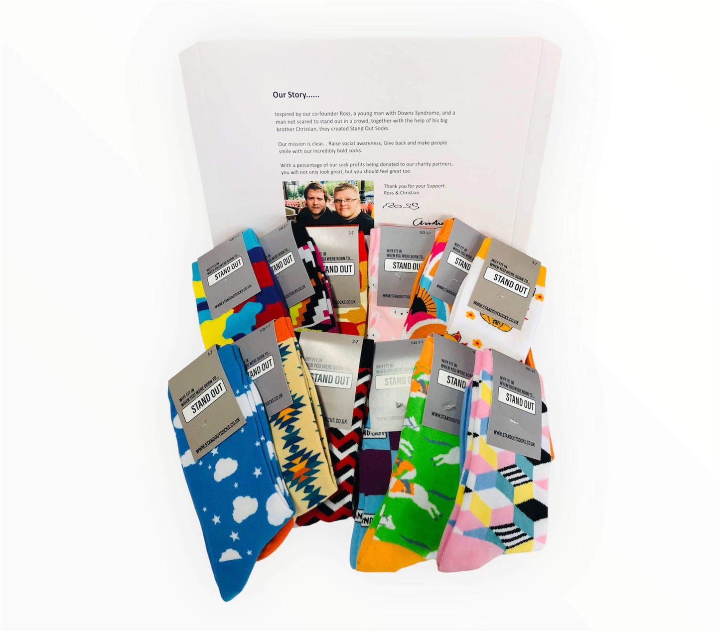 Photograph of Stand Out Socks sock subscription  - Ross's Sock Subscription Box - featuring the 12 pairs of the best UK sock subscription, supports individuals with Down Syndrome into paid work, endorsed by Dragons' Den stars Peter Jones and Steven Bartlett.