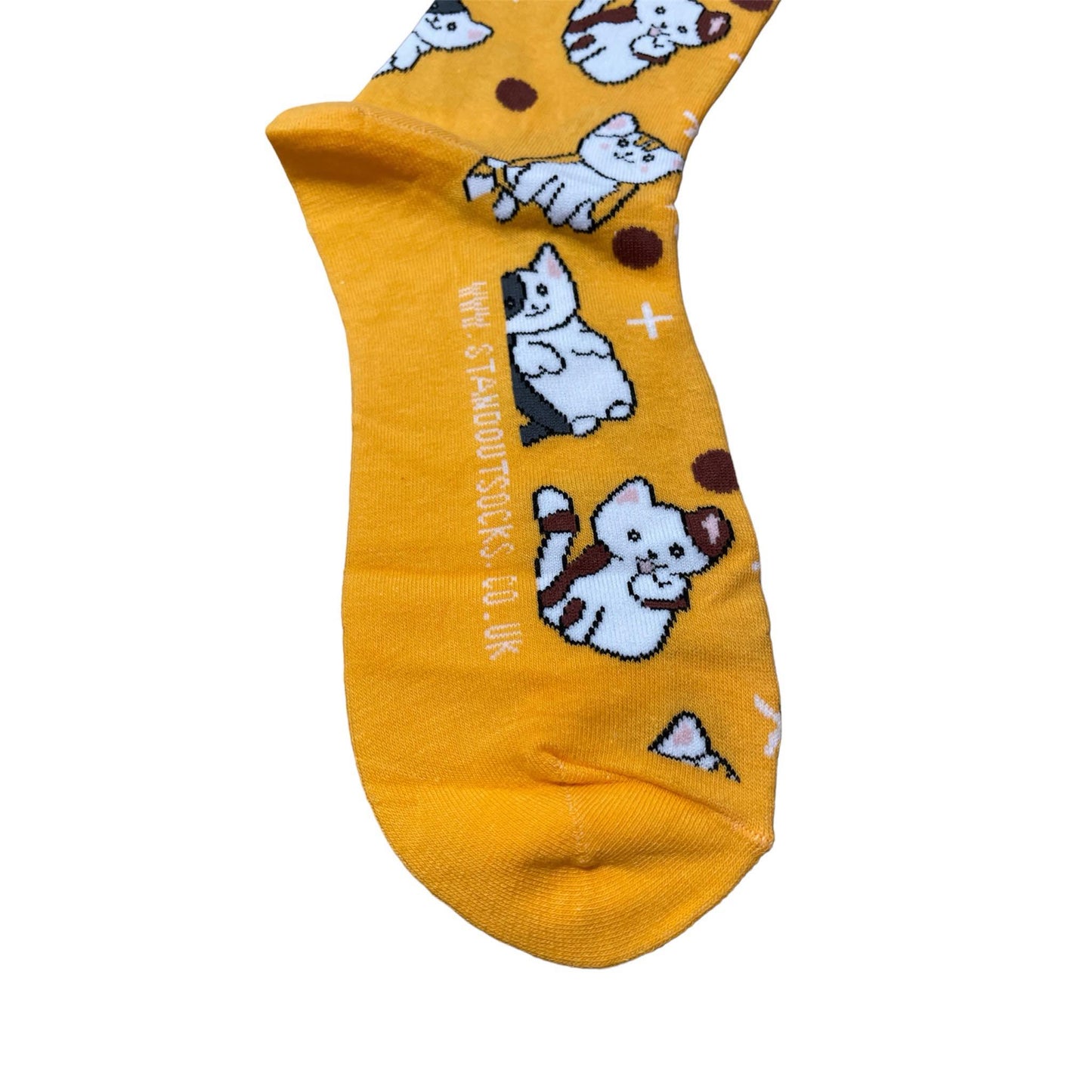  orange sock with cat pattern and a stand out logo