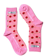 Load image into Gallery viewer, stand out socks pink socks with tomato&#39;s on music lines 
