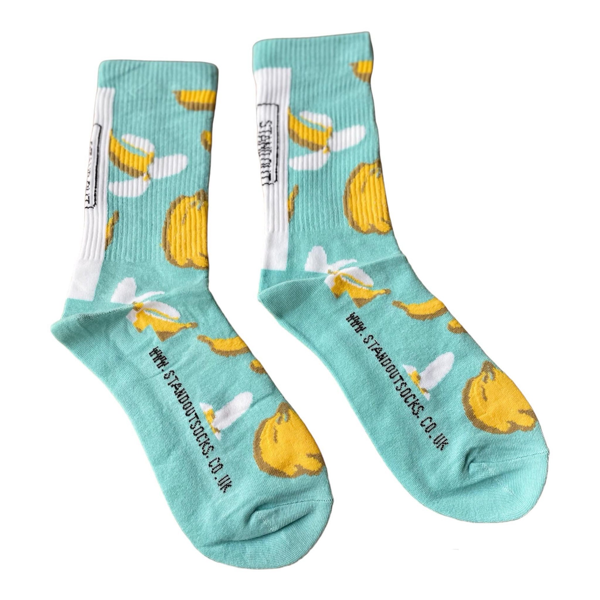 colourful sports socks green with yellow bananas featuring the stand out socks website and logo