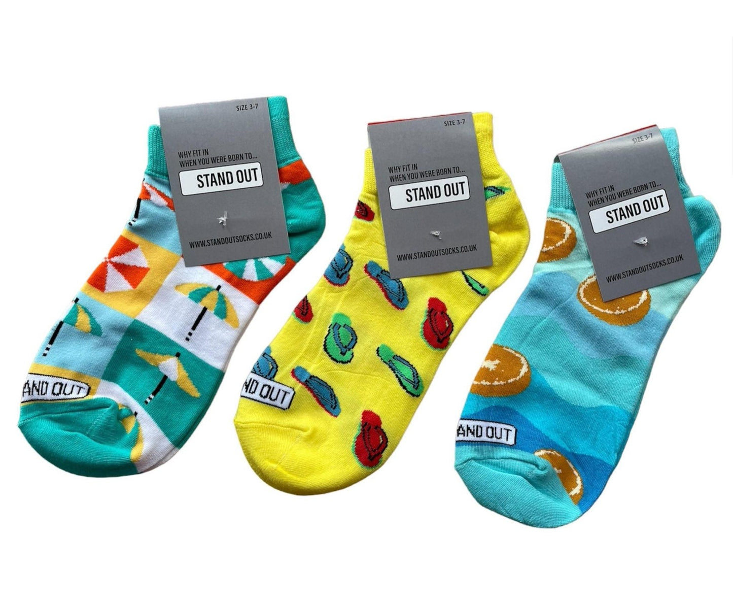 Stand Out Socks - 3 Pairs of Ankle Socks,  Beach Umbrellas, Flip Flops and Oranges with waves design