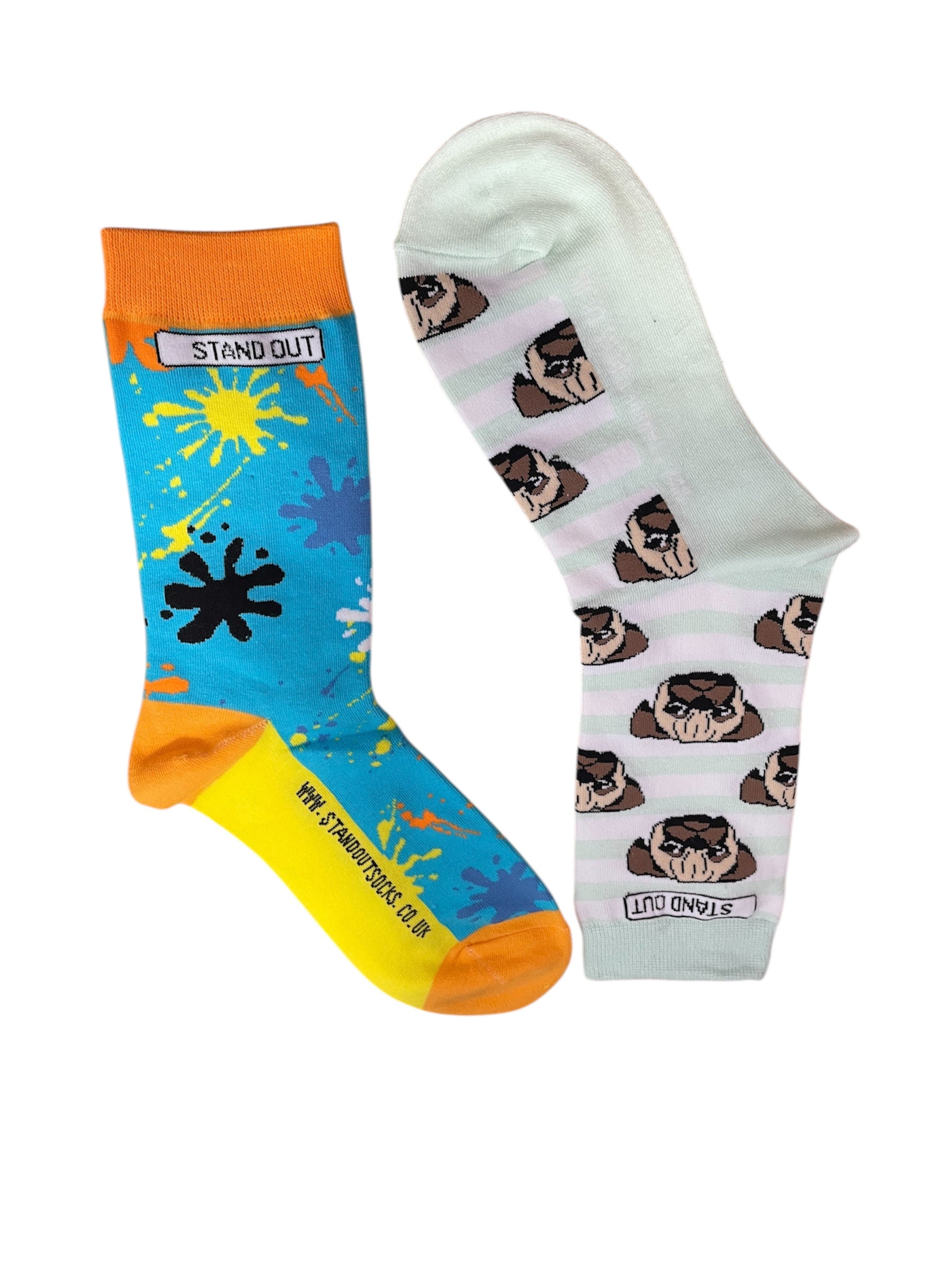 A Pair of Odd Socks, One sock is blue with different colour splats, one sock is green and white stripes with pug dog. Both socks display the STAND OUT logo on the ankle, and wwww.standoutsocks.co.uk website on the ball of the foot.