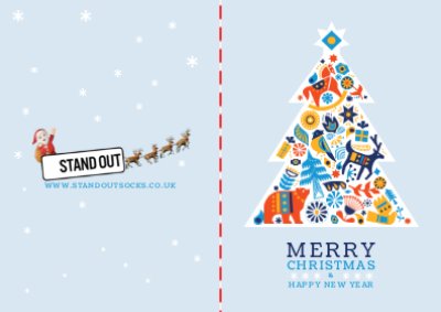 A Blue card with a Nordic inspired design consisting of a Christmas tree made up of various winter / Christmas inspired items including a stocking, a reindeer, a gift. The words Merry Christmas and a Happy New Year is written on the front.