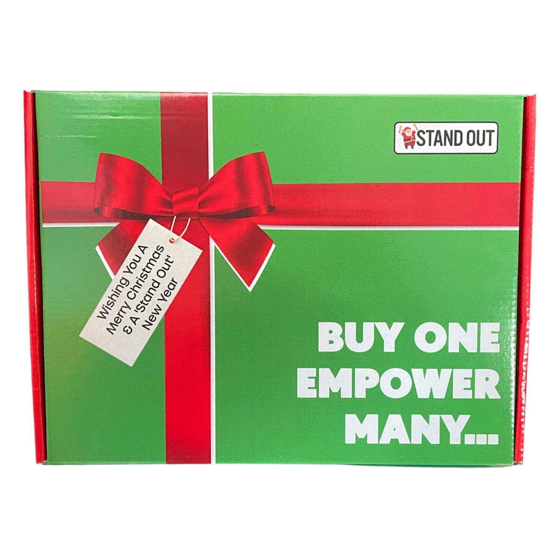 Green Stand Out Socks Christmas Box with Red bow and a tag saying Wishing you a Merry Christmas and a Stand Out New Year