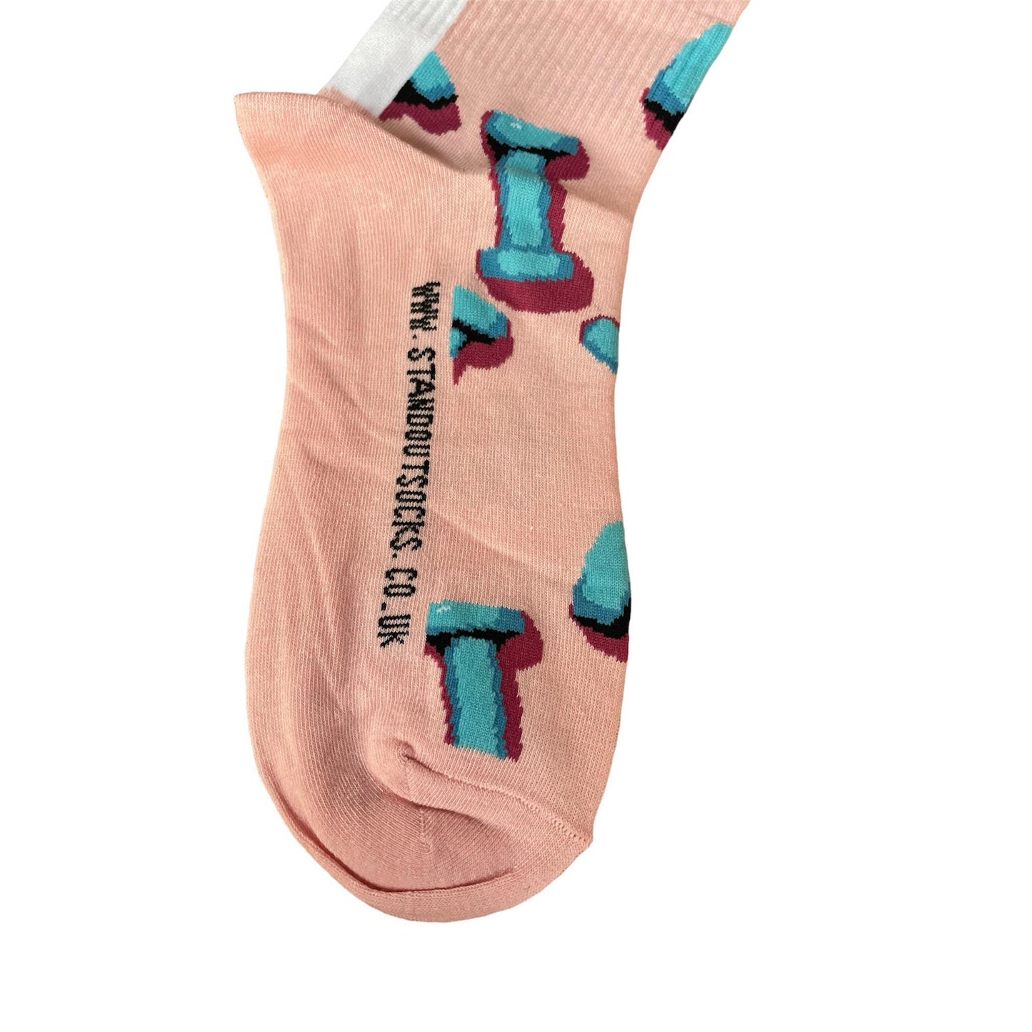 Close up of a pink sports socks which displays the stand out socks website address on the arch of the sock