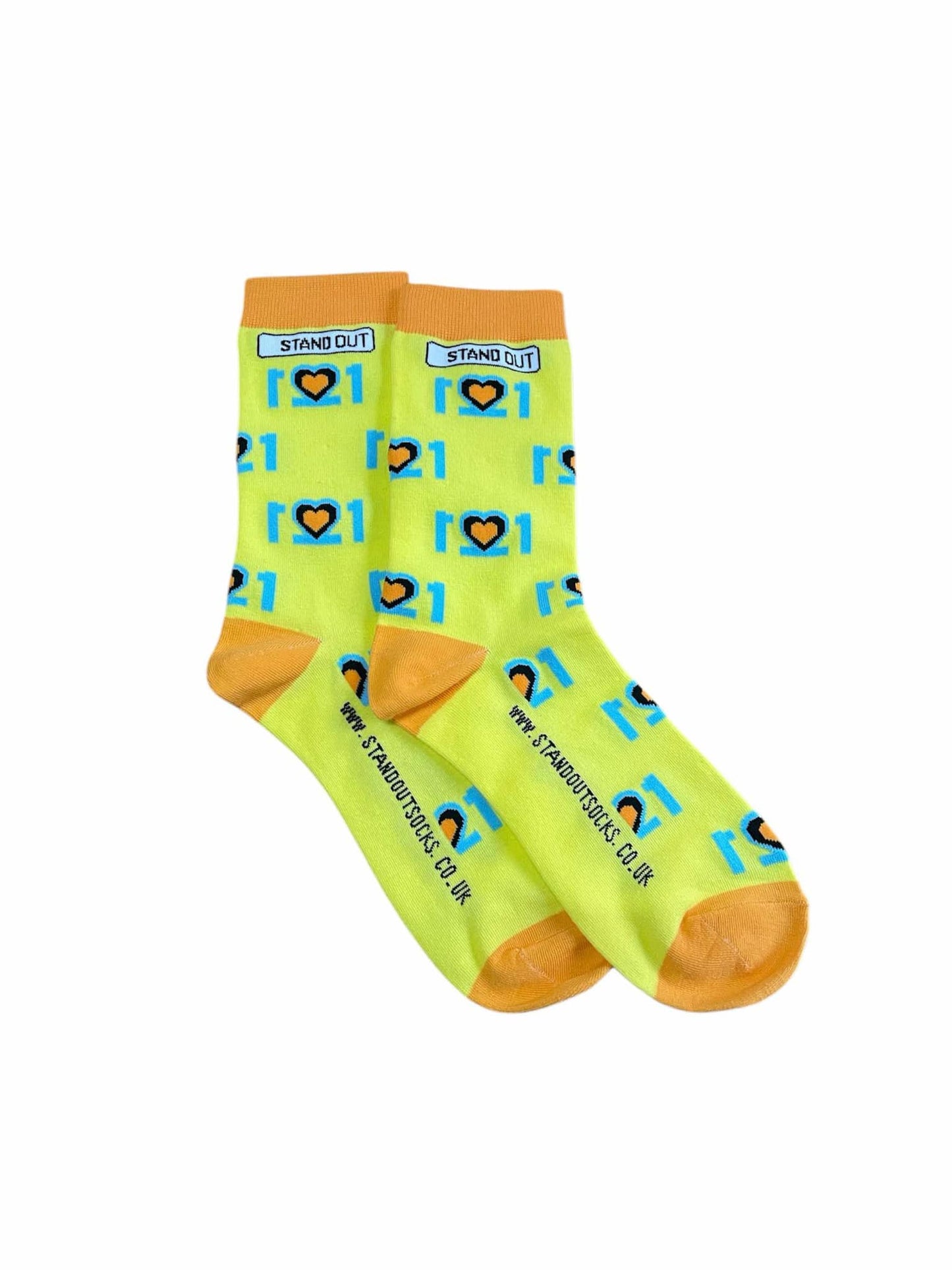 Official World Down Syndrome Day Stand Out Socks which are yellow, blue and orange, feature a design that incorporates the number 21 mirrored to form three hearts at the centre, symbolising the triplication (trisomy) of the 21st chromosome, which causes Down syndrome.