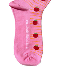 Load image into Gallery viewer, stand out socks pink socks with tomato&#39;s on music lines 
