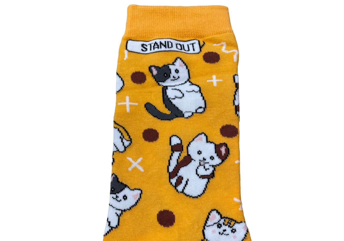 Orange sock with cat pattern and a stand out logo