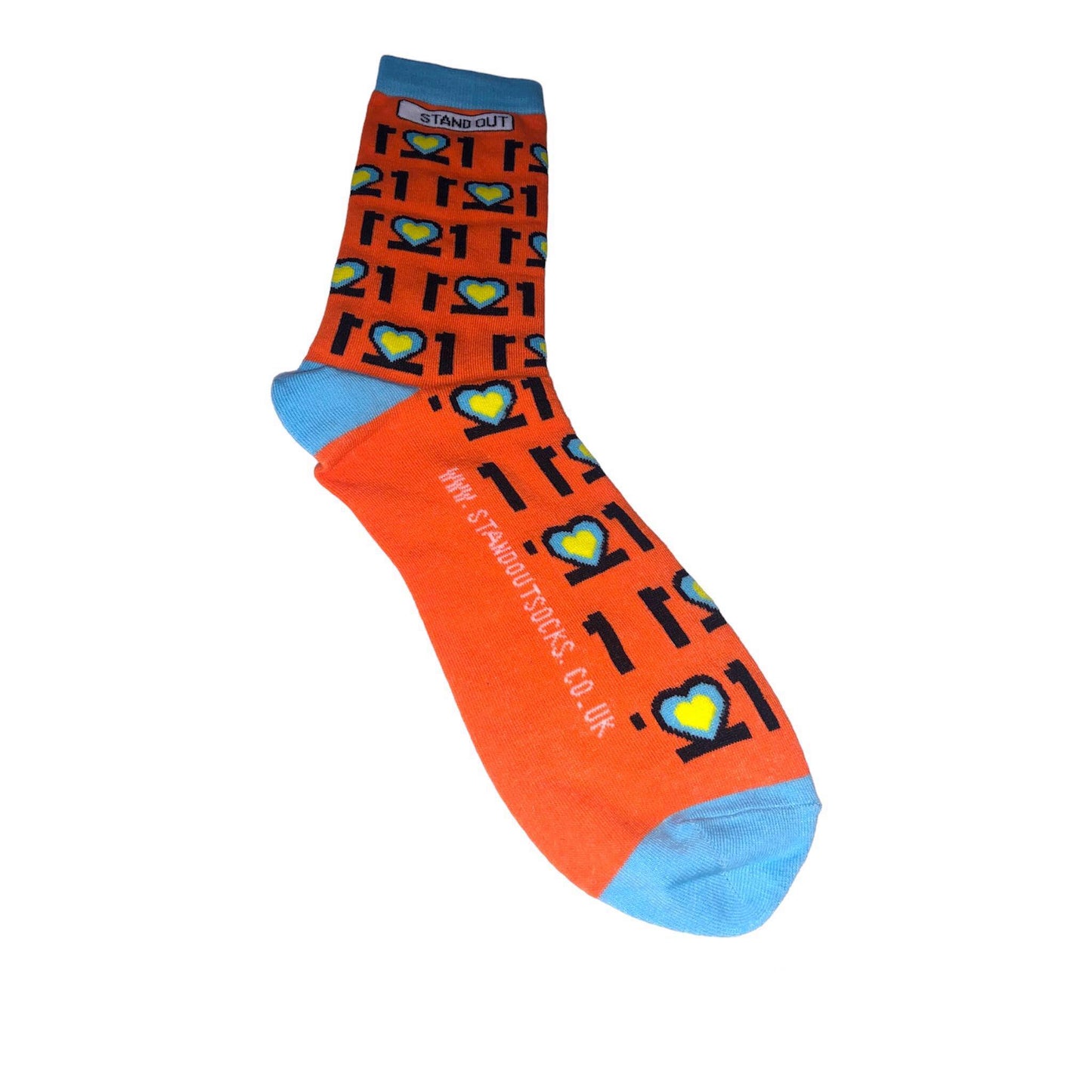 Man with Glasses on and orange jumper, Smiling and holding a pair of colourful Down Syndrome Awareness Socks